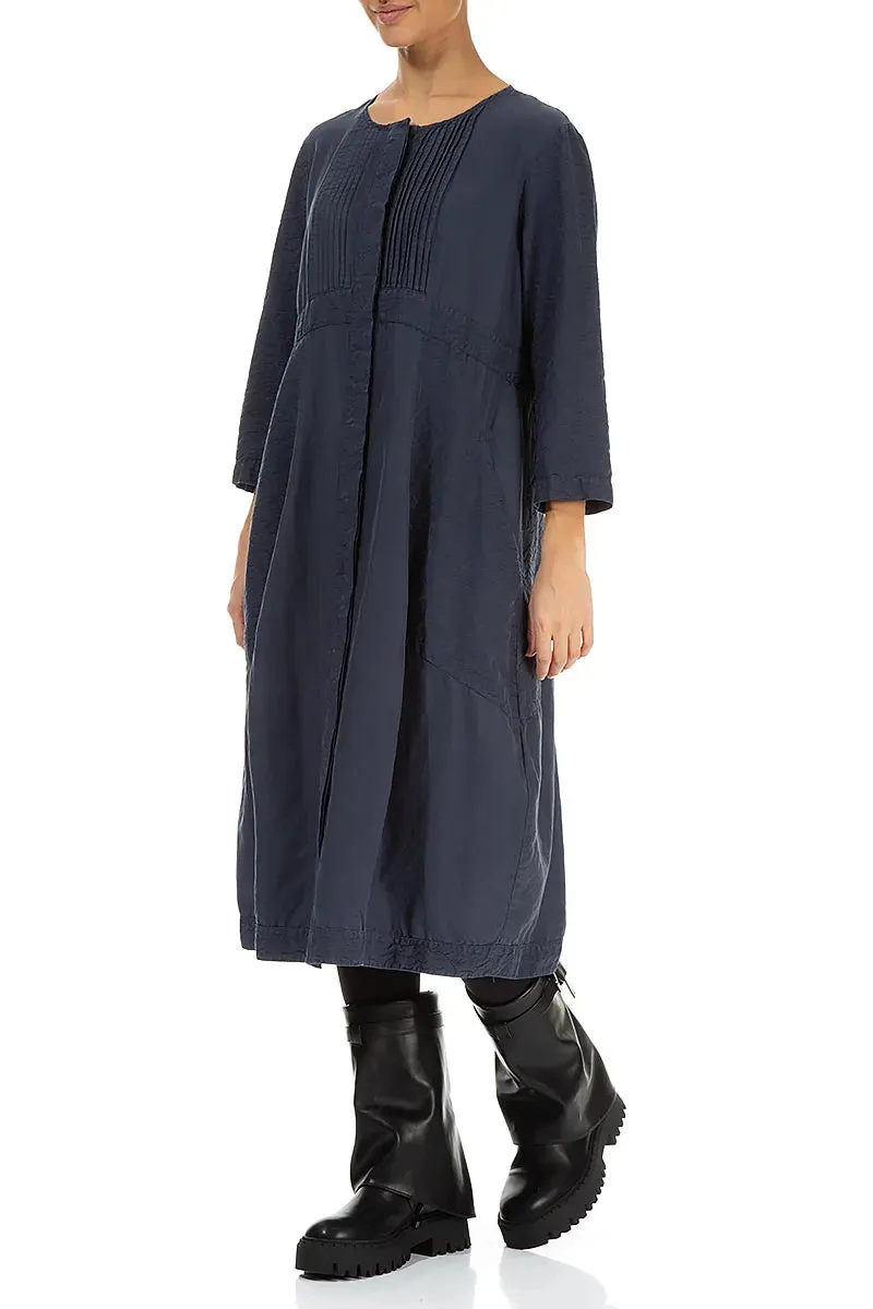 Pleated Front Slate Blue Silk Cotton Dress Easy Layer Casual Look