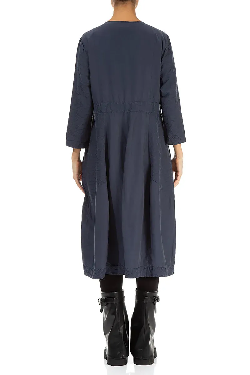 Breathable Stretch Fabric Pleated Front Slate Blue Silk Cotton Dress