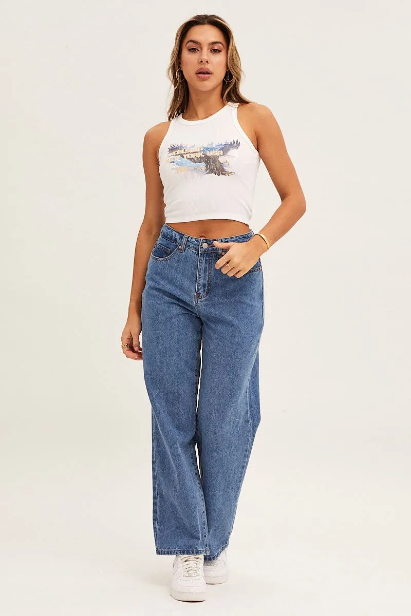 yoga mode Lightweight insulation White Graphic Tank Sleeveless Crop Rib Jersey