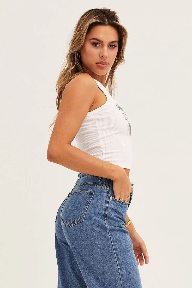 Versatile Hat DurableWeave White Graphic Tank Sleeveless Crop Rib Jersey