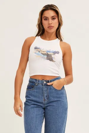 White Graphic Tank Sleeveless Crop Rib Jersey MinimalistStyle