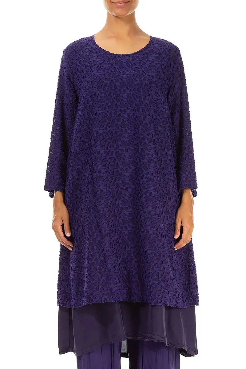 Floral Texture Layered Royal Purple Silk Dress Sporty Style Ventilation Panels