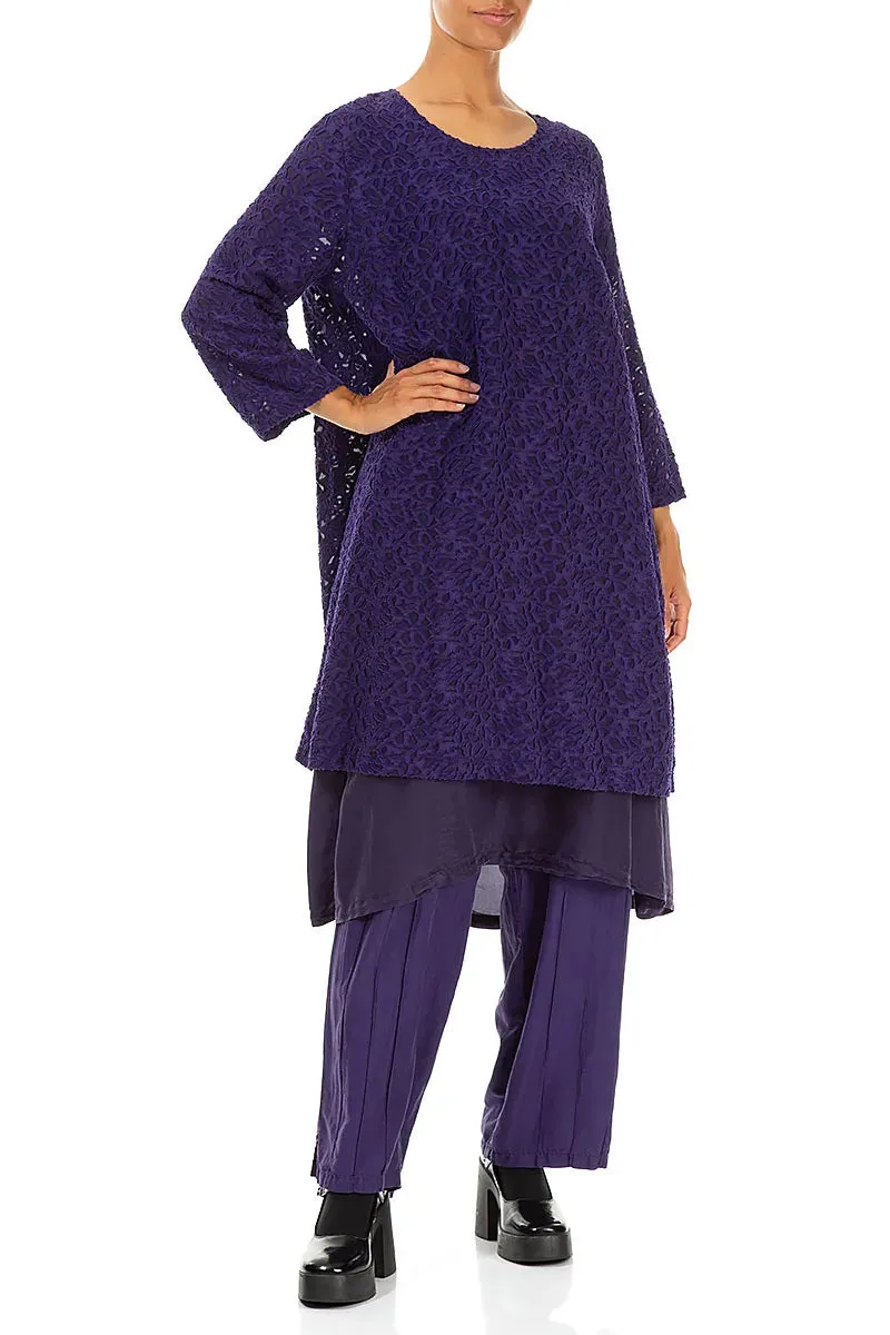 AdjustableWaistband Floral Texture Layered Royal Purple Silk Dress