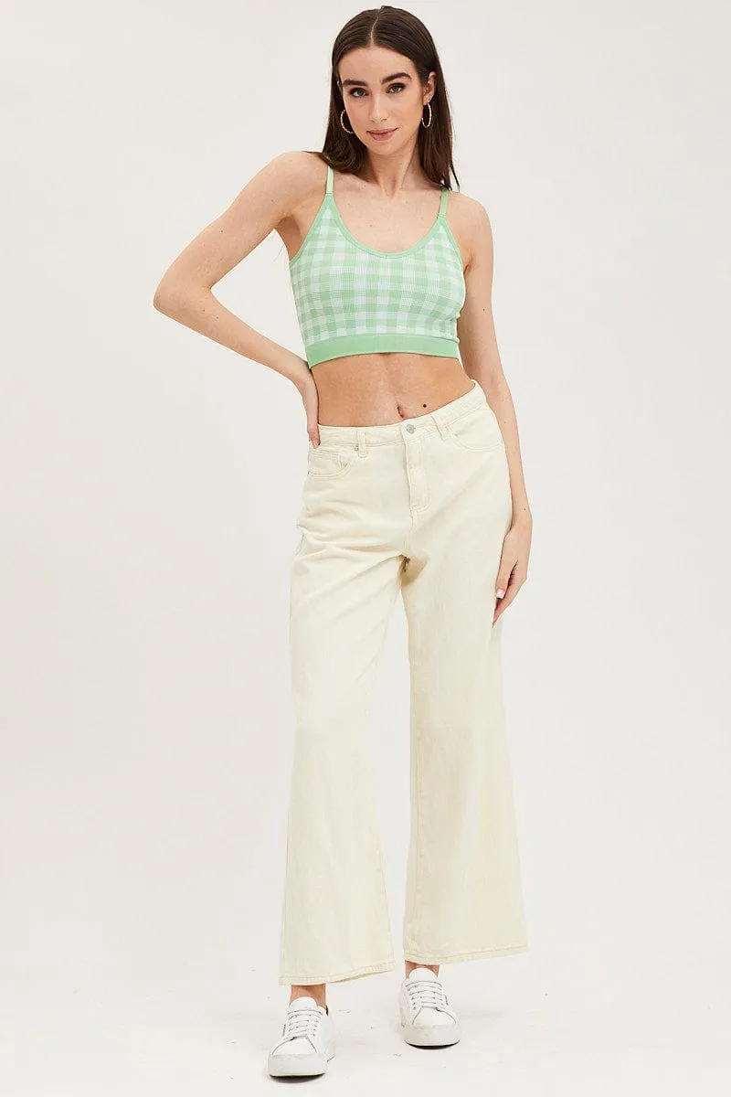 Seamless Sleeve Construction NonRestrictive Movement Green Check Singlet Crop Top Seamless
