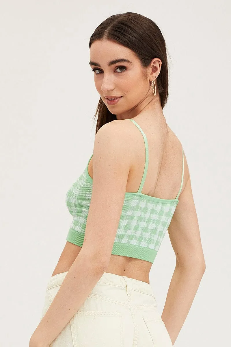 Green Check Singlet Crop Top Seamless RollUp Sleeves