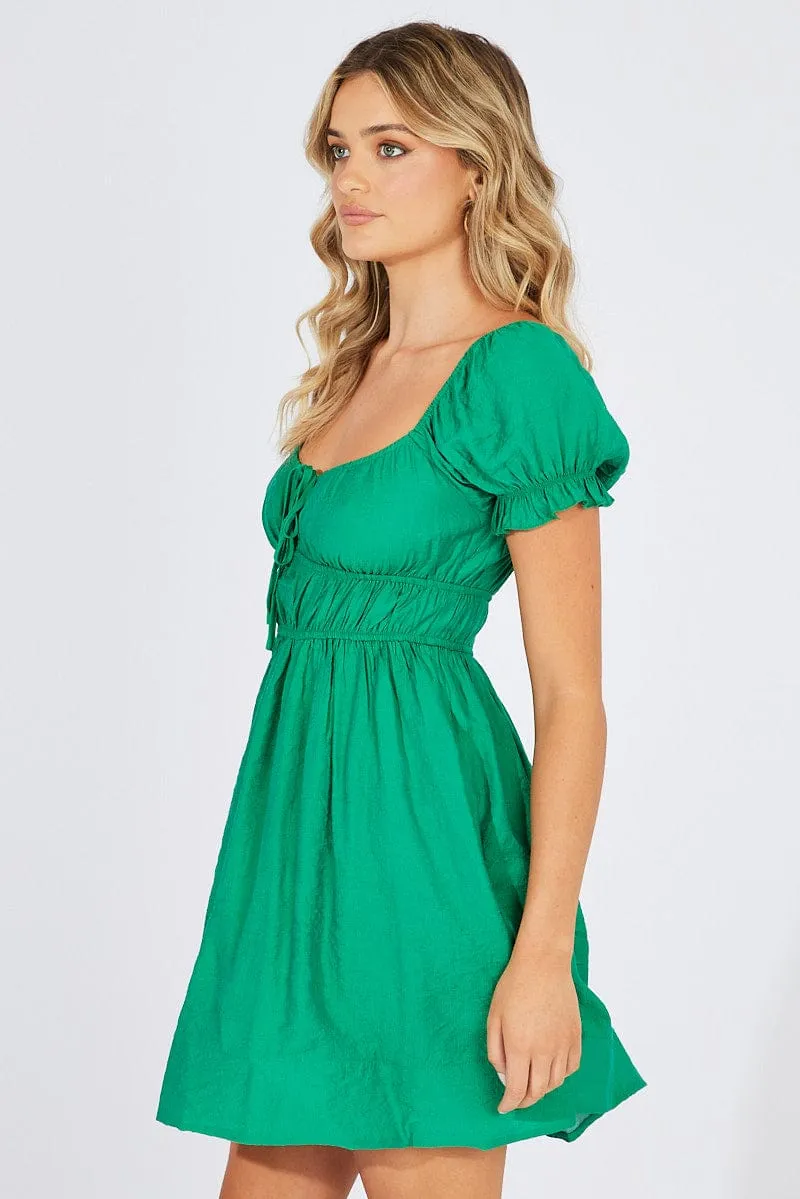 Green Fit and Flare Dress Short Sleeve Ruched Power Vibe
