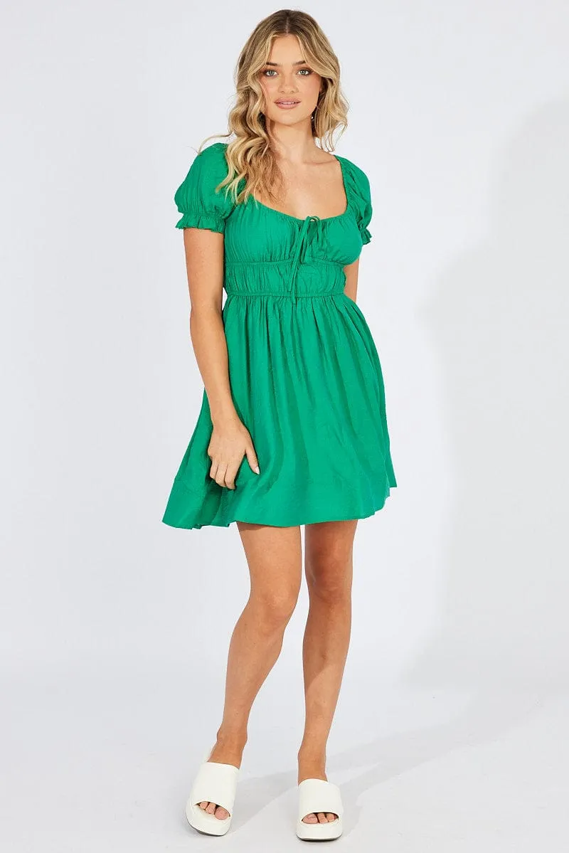 Green Fit and Flare Dress Short Sleeve Ruched StretchableMaterial Effortless Style