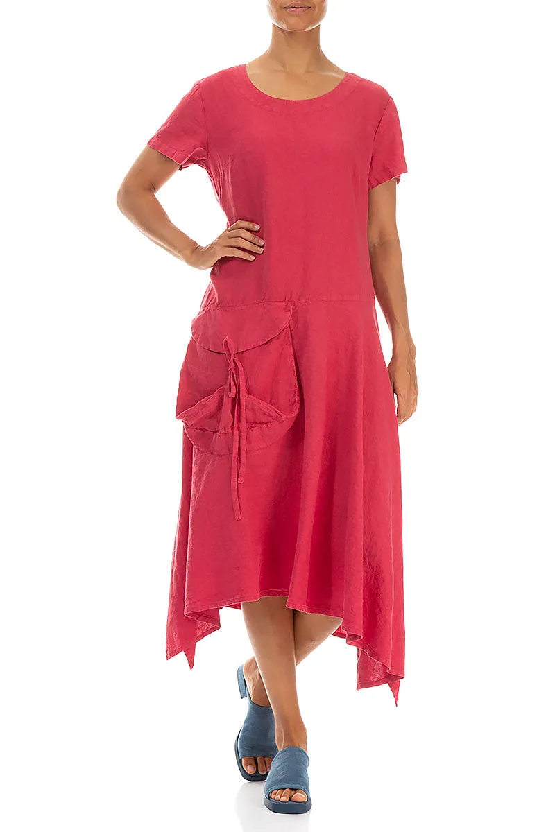 One-Piece Wear Foldable Hem Side Pocket A-Line Raspberry Linen Dress