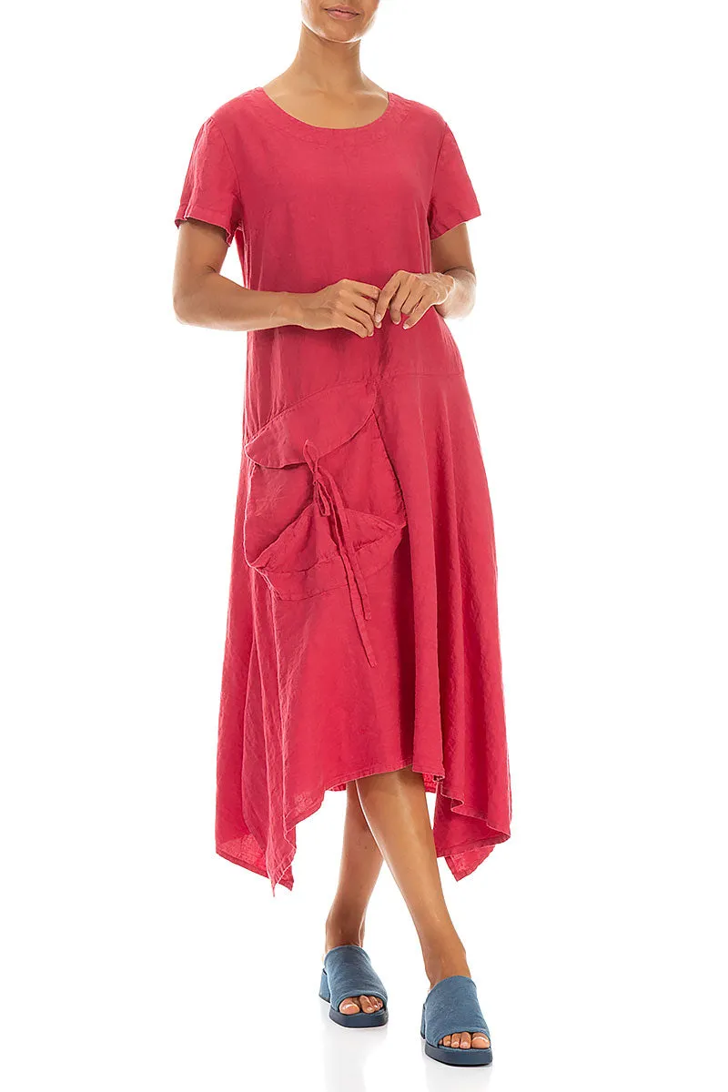 RollUp Sleeves Side Pocket A-Line Raspberry Linen Dress