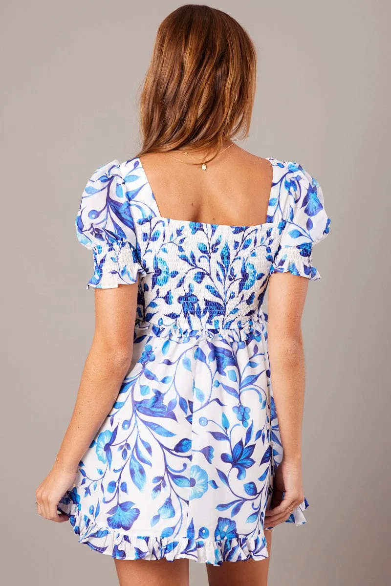 EcoFriendly Material Stylish Dress Blue Floral Fit And Flare Dress Puff Sleeve