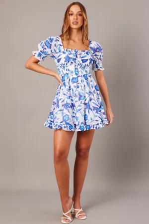 Washable fabric Sky Cool Blue Floral Fit And Flare Dress Puff Sleeve