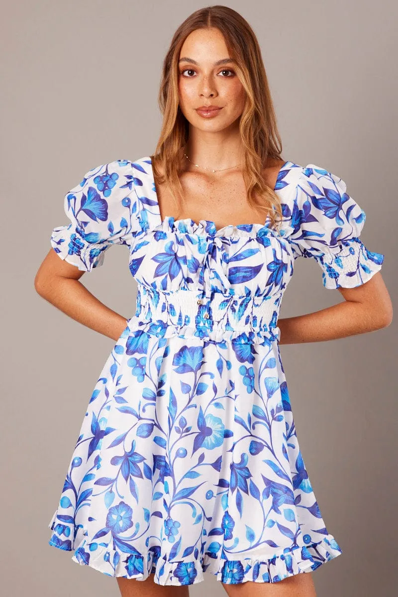 Royal Mode Blue Floral Fit And Flare Dress Puff Sleeve