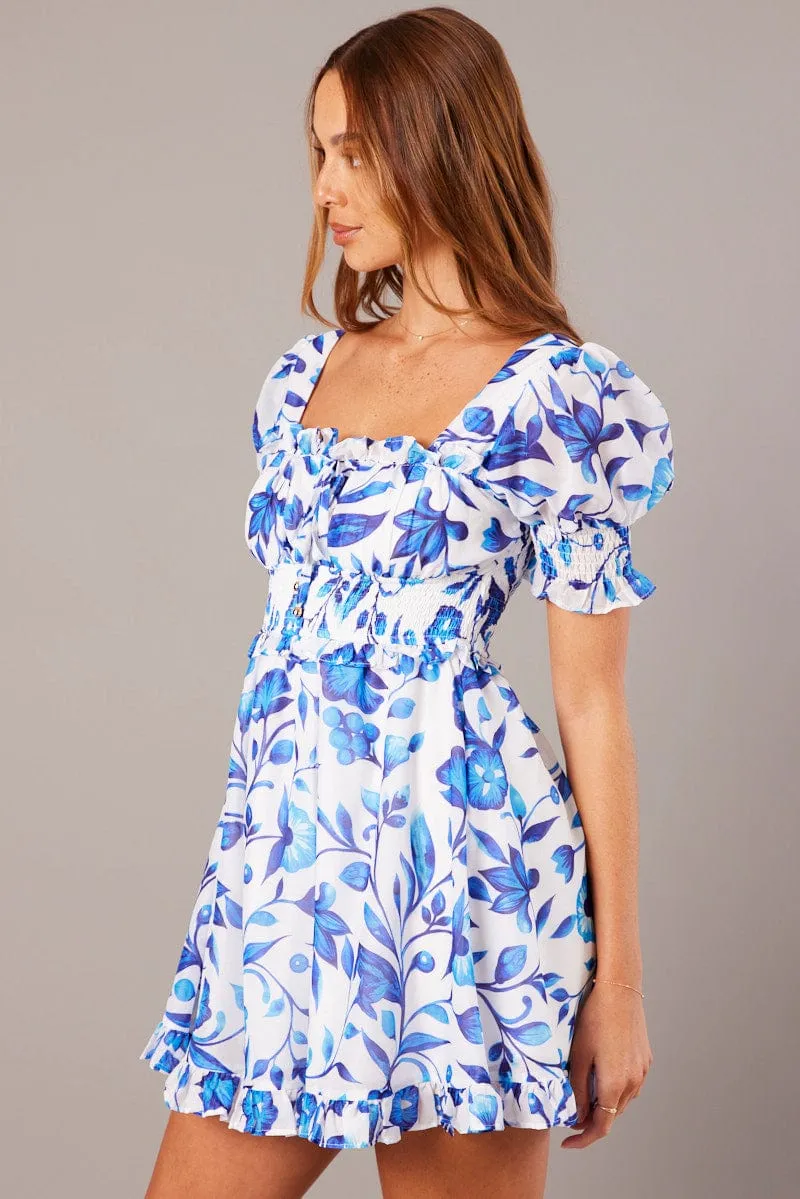 SustainableProduction Blue Floral Fit And Flare Dress Puff Sleeve