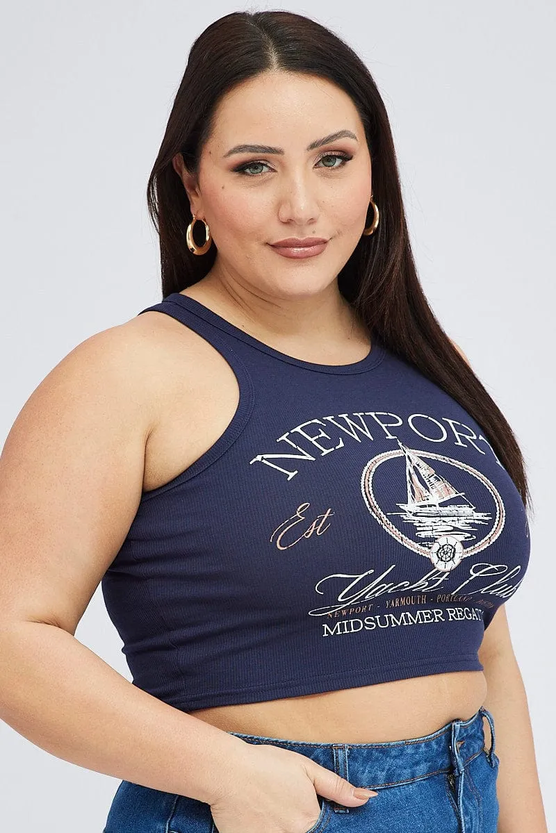 Blue Graphic Tank Top Crew Neck Clear Mind
