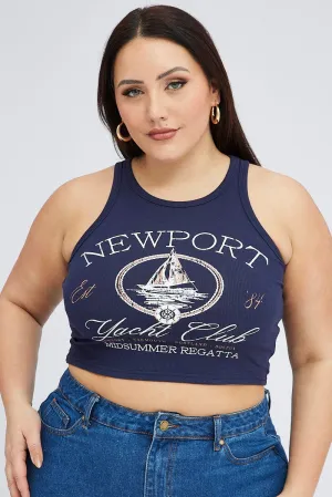 Kind Soul UVProtectionFabric Blue Graphic Tank Top Crew Neck