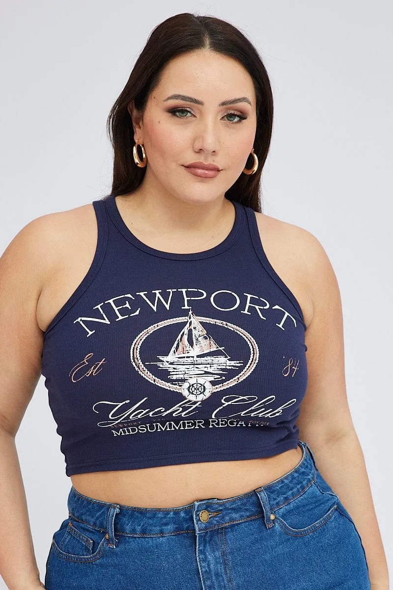 Blue Graphic Tank Top Crew Neck ReinforcedStitching