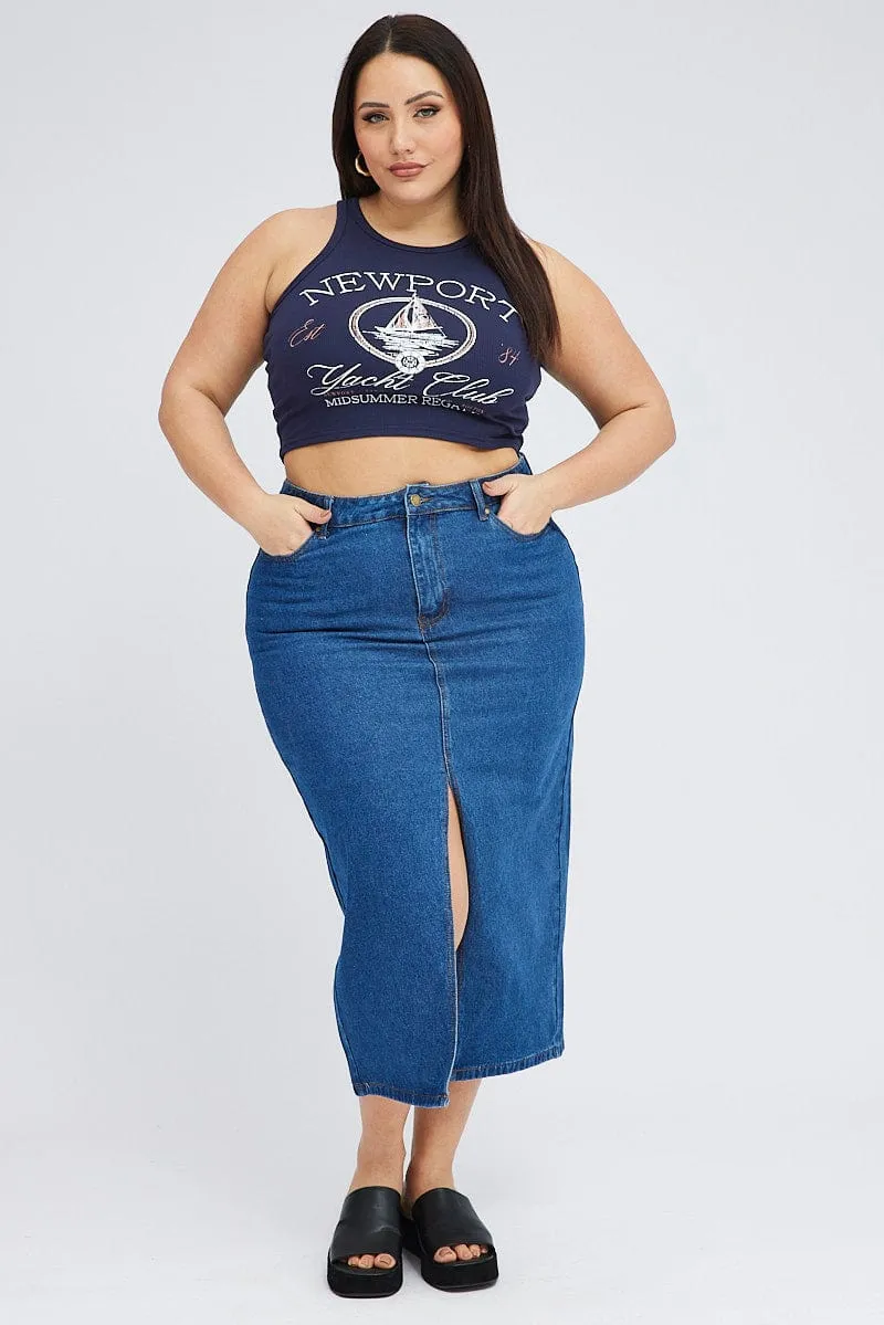 Blue Graphic Tank Top Crew Neck WaterRepellent Coating SeamlessTransition