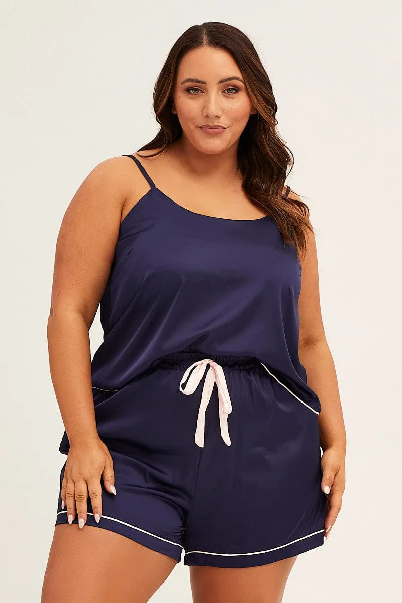 Blue Pyjamas Cami Satin Pj Set Seamless construction