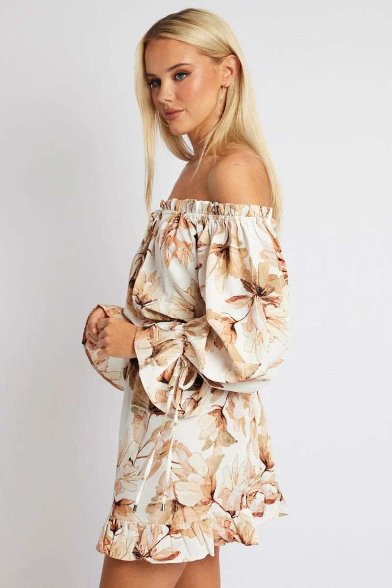 White Floral Off Shoulder Dress Balloon Sleeve Skater Dress KnotFree Tailoring Cozy Wrap