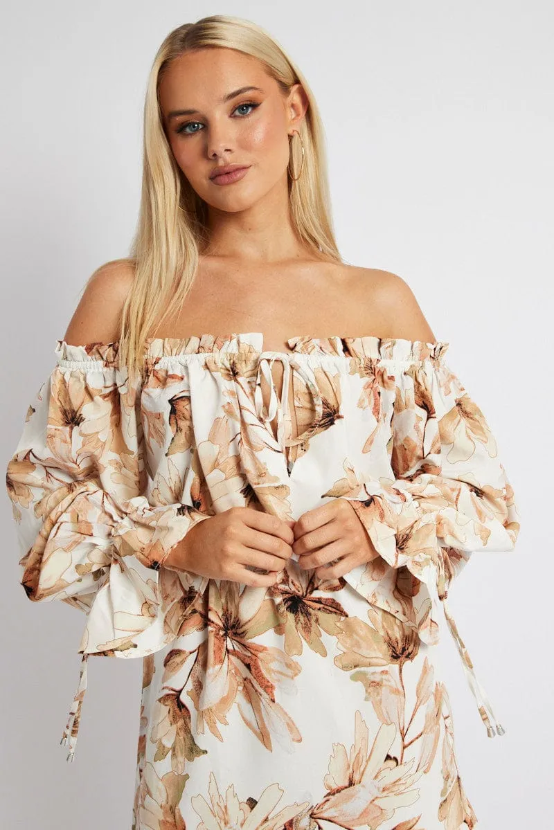 White Floral Off Shoulder Dress Balloon Sleeve Skater Dress AntiStatic Material