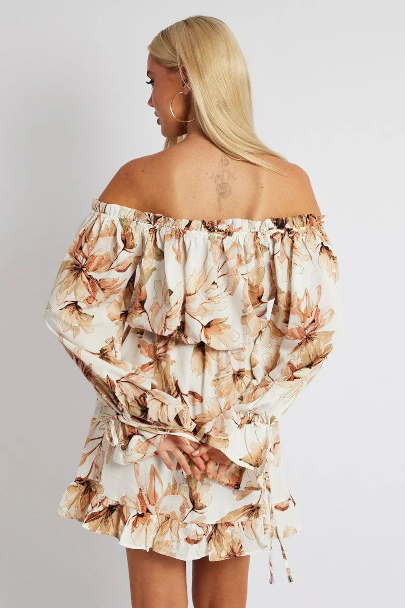 White Floral Off Shoulder Dress Balloon Sleeve Skater Dress MachineWashable Washable fabric