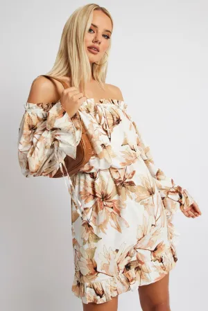 Quiet Charm Spirit Core White Floral Off Shoulder Dress Balloon Sleeve Skater Dress