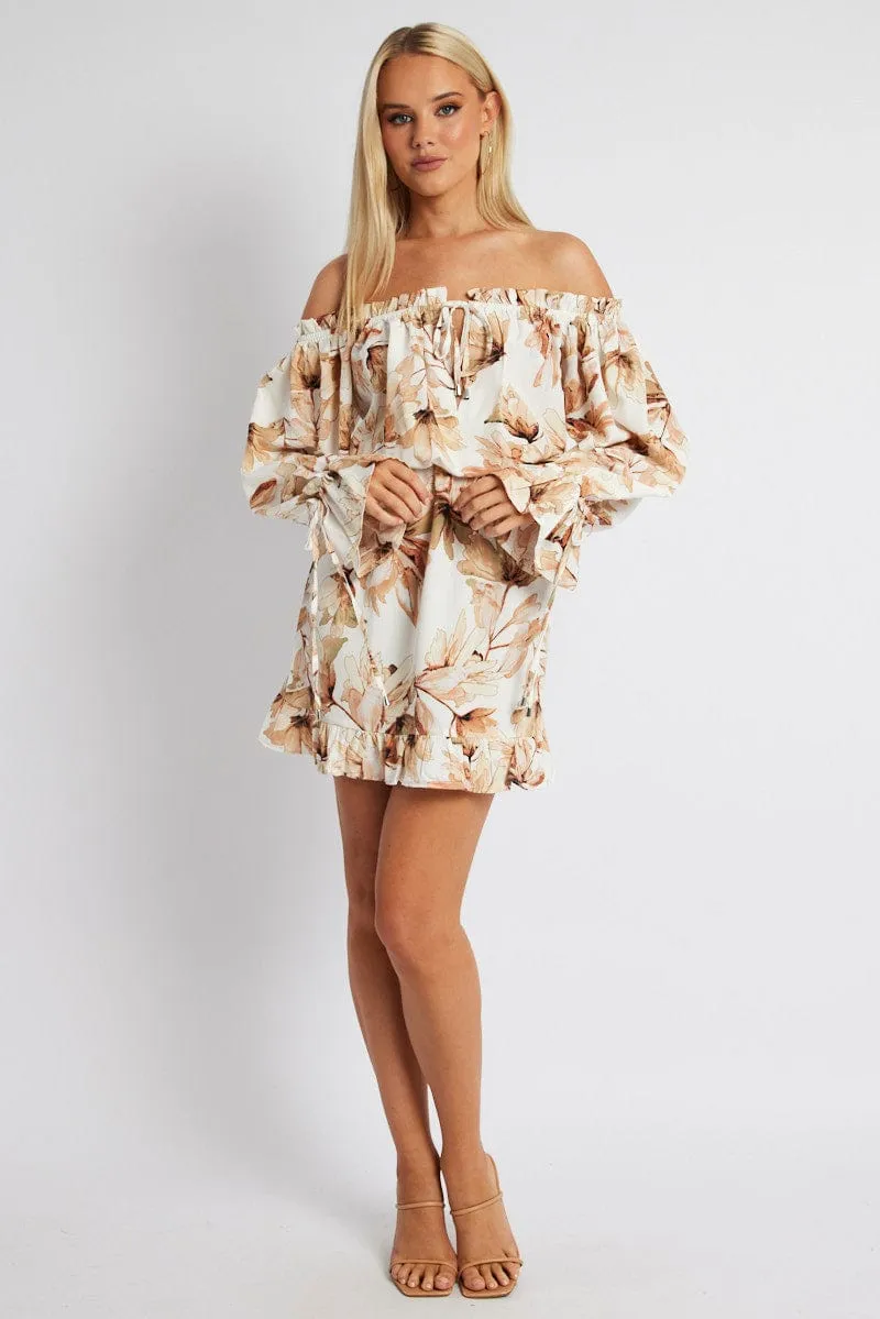 Strong Denim White Floral Off Shoulder Dress Balloon Sleeve Skater Dress