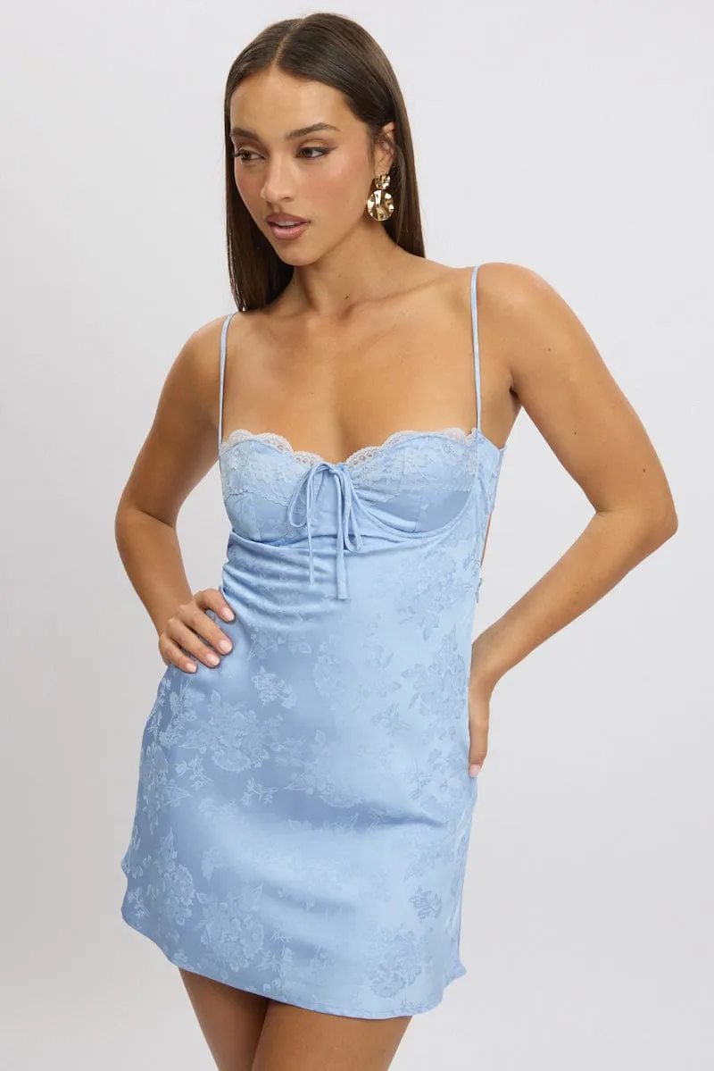 City Look Blue Mini Dress Tie Back Jacquard Fabric