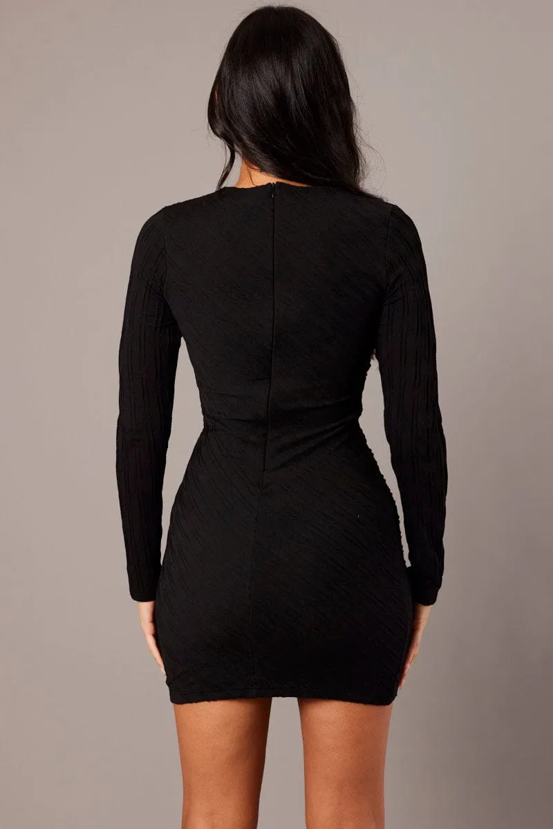 Stage Vibe Flowy Design Black Bodycon Dress Mini Long Sleeve Textured