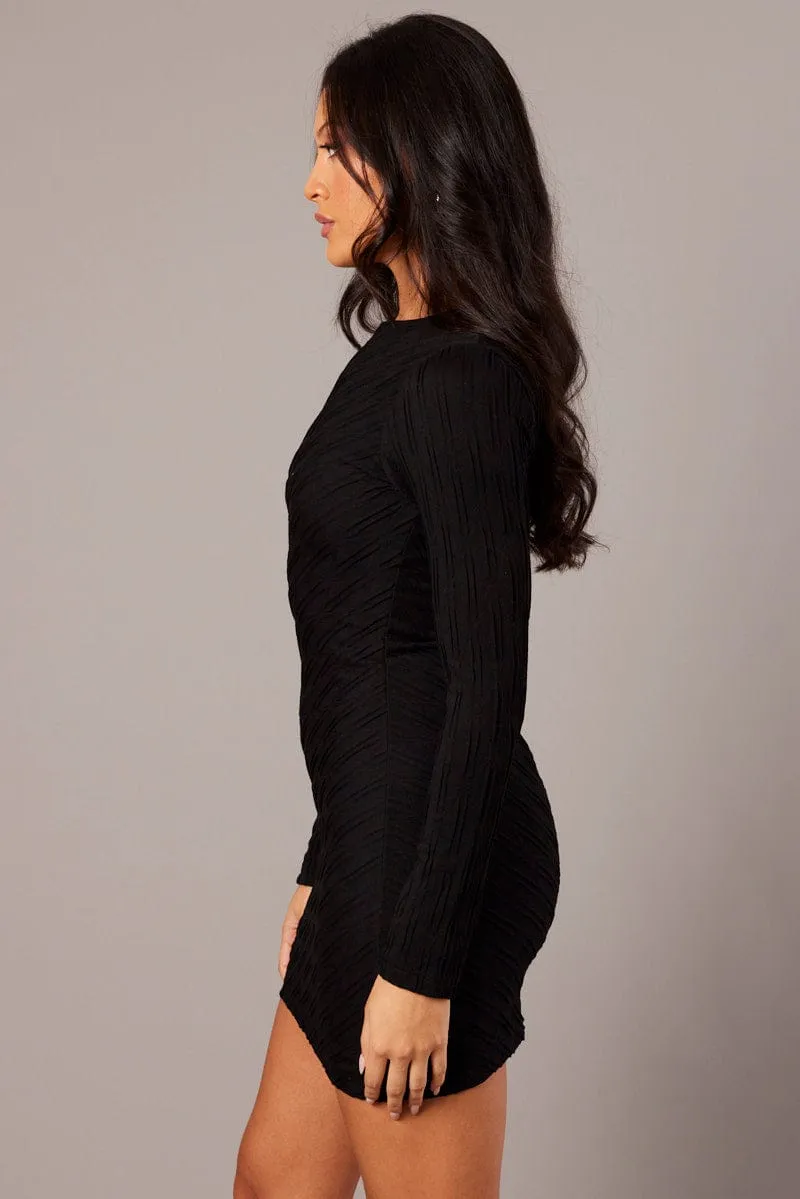 Charming Look Black Bodycon Dress Mini Long Sleeve Textured