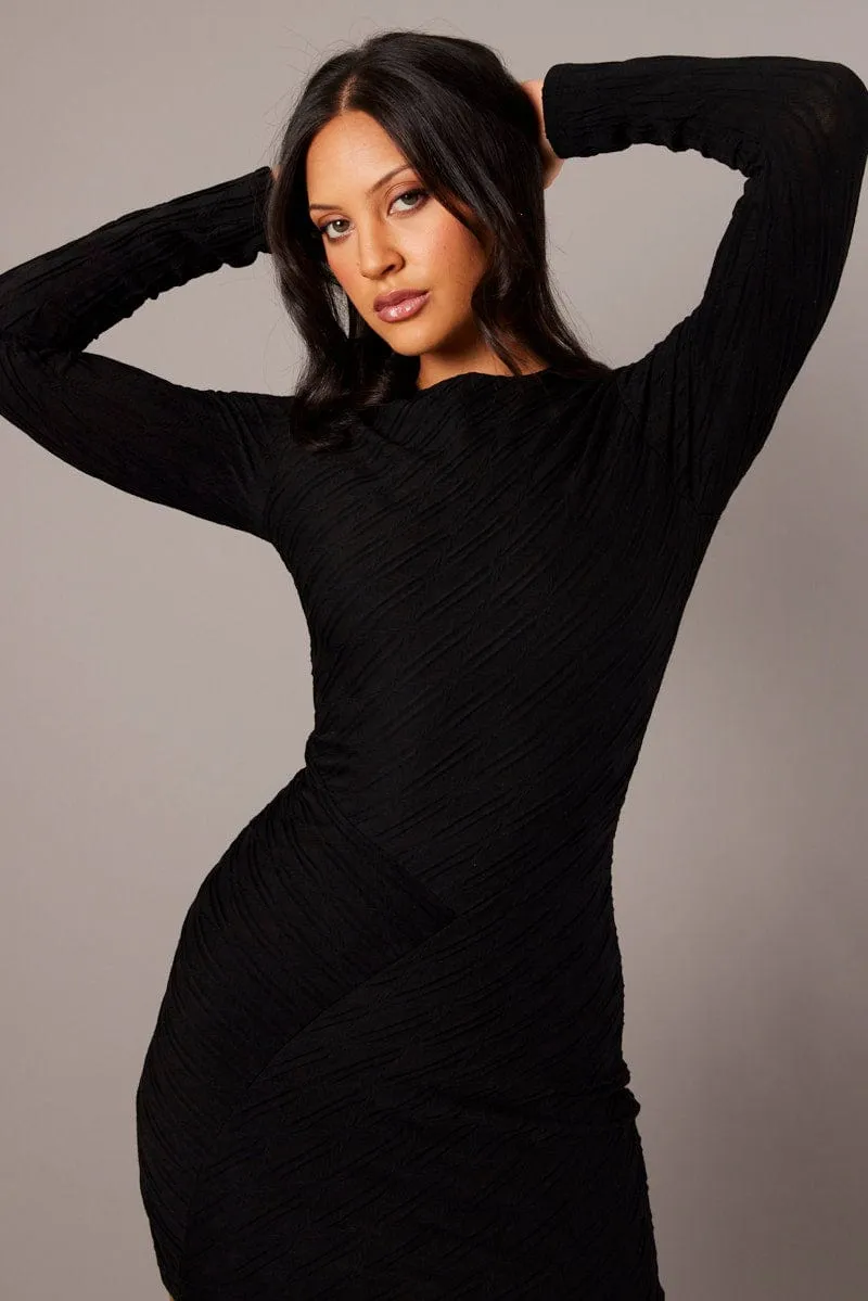 Black Bodycon Dress Mini Long Sleeve Textured Comfortable day-to-night dress