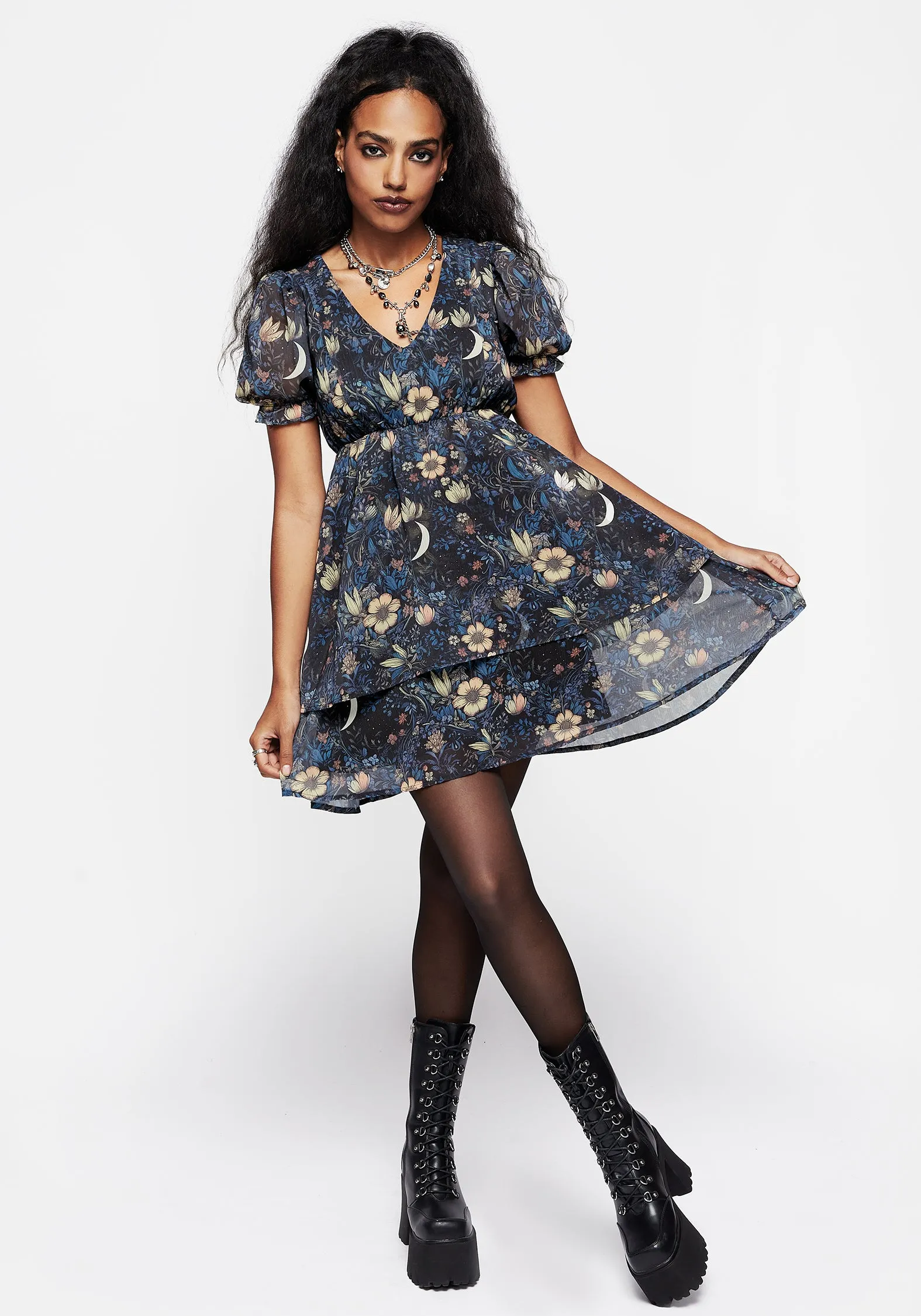 Primrose Floral Chiffon Puff Sleeve Layered Mini Dress Scalloped Edge Detailing