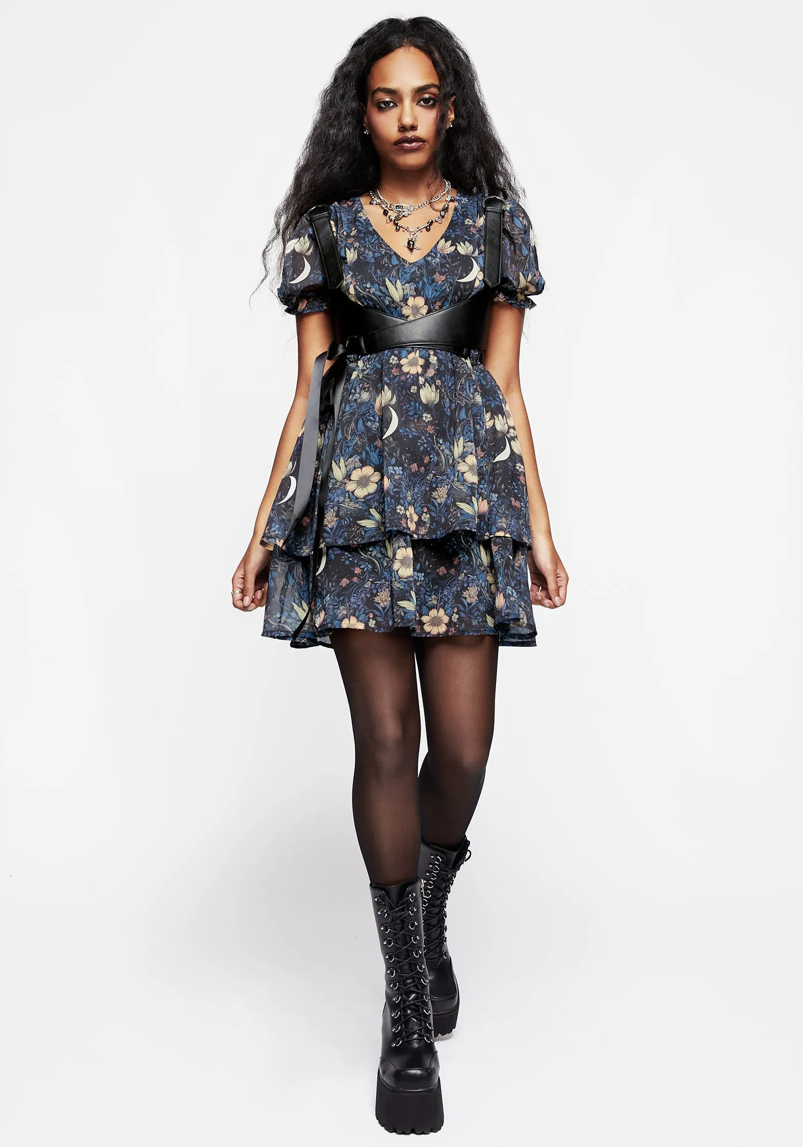 Convertible Straps Primrose Floral Chiffon Puff Sleeve Layered Mini Dress