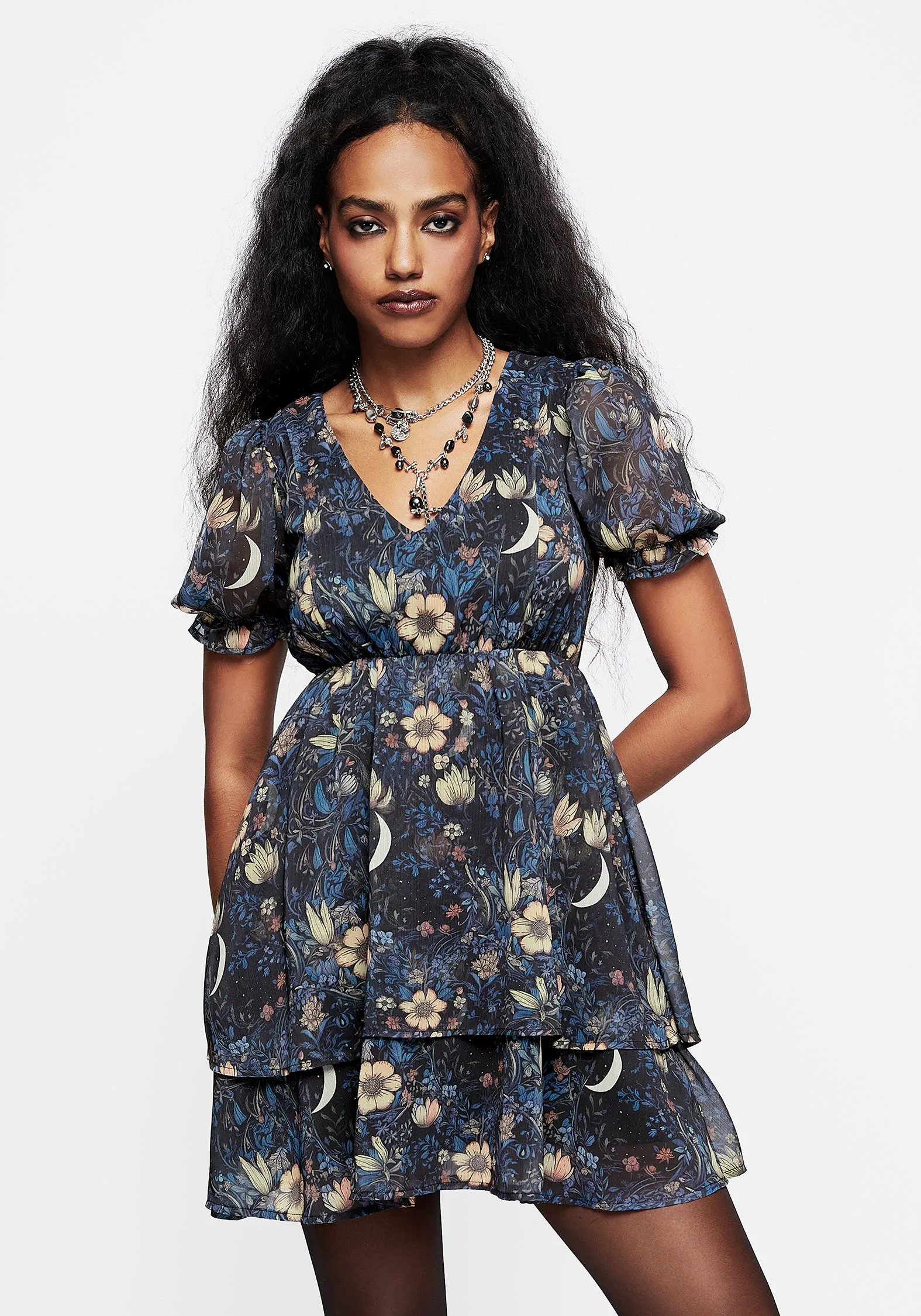 Comfortable summer night dress Scene Pop Primrose Floral Chiffon Puff Sleeve Layered Mini Dress