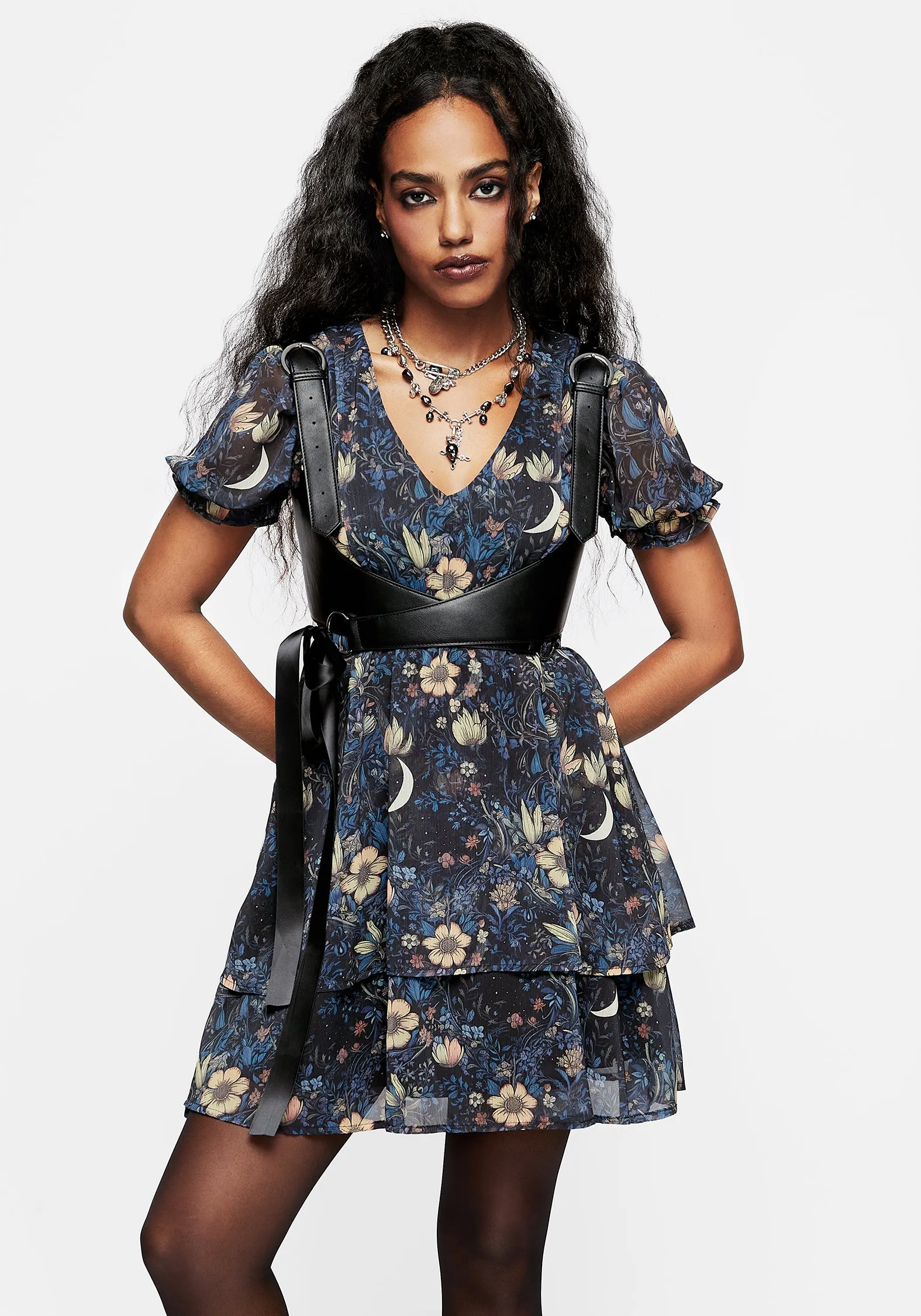 Primrose Floral Chiffon Puff Sleeve Layered Mini Dress fun mini