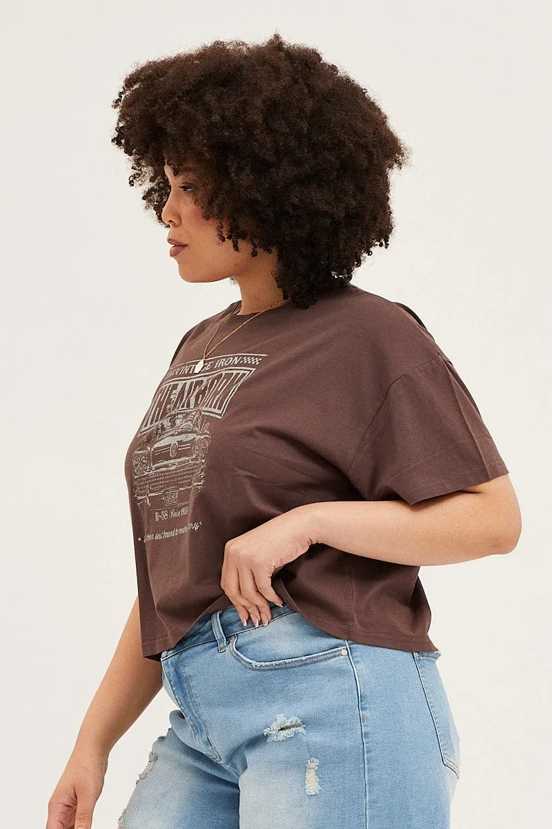 Slim Fit Design Brown Short Sleeve Graphic Crop T-shirt