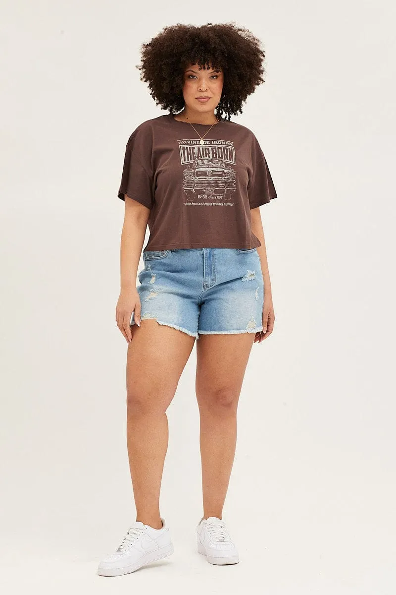 Brown Short Sleeve Graphic Crop T-shirt Light and Breathable Structured silhouette