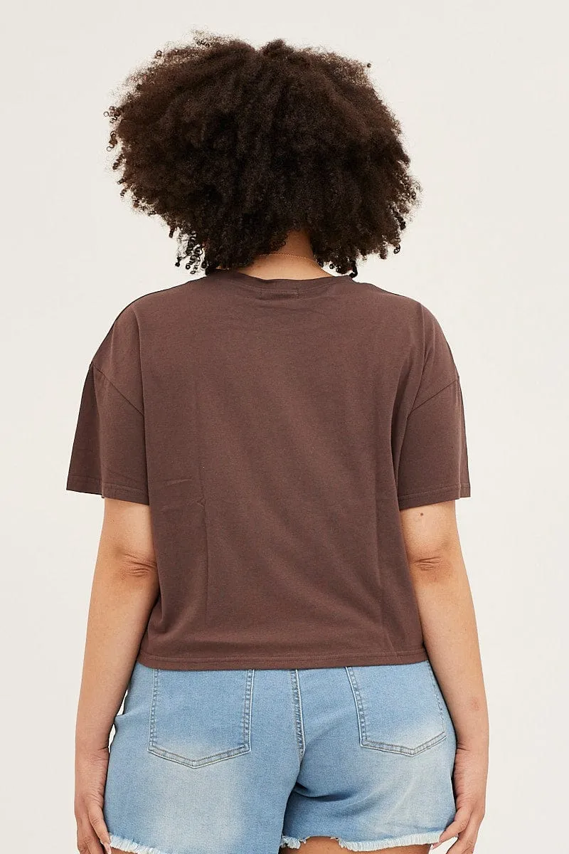 easy to pair Brown Short Sleeve Graphic Crop T-shirt