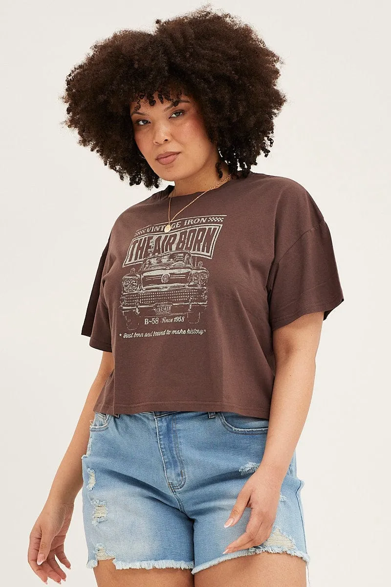 Comfy and Soft Ethically Sourced Materials Brown Short Sleeve Graphic Crop T-shirt