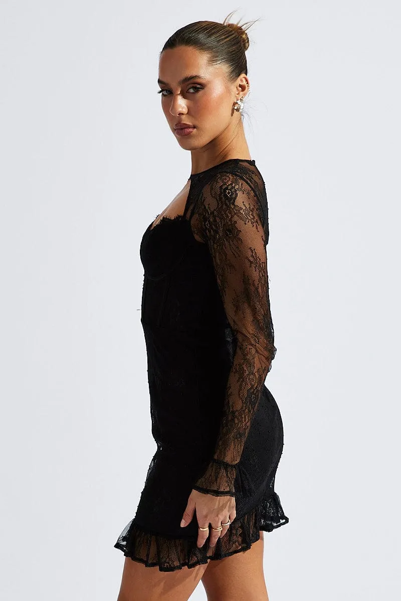 Black Lace Dress Long Sleeve Ruffle Cuff Corset Dress TaglessDesign