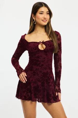 Joyful Mood Red Fit And Flare Dress Long Sleeve Burn Out