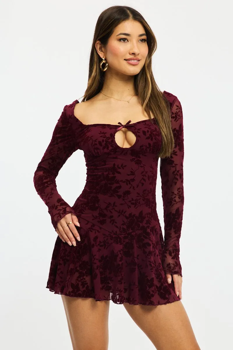 Joyful Mood Red Fit And Flare Dress Long Sleeve Burn Out