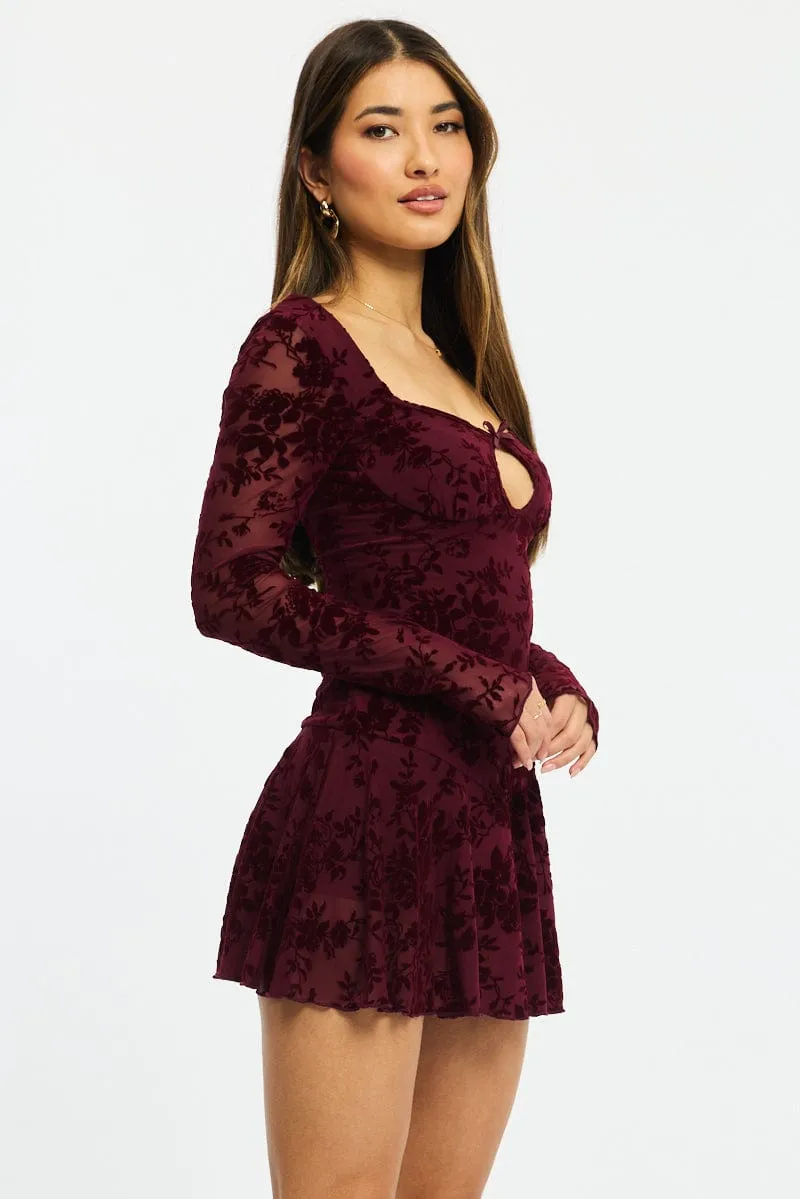 Red Fit And Flare Dress Long Sleeve Burn Out Wonder Fit HighElasticity
