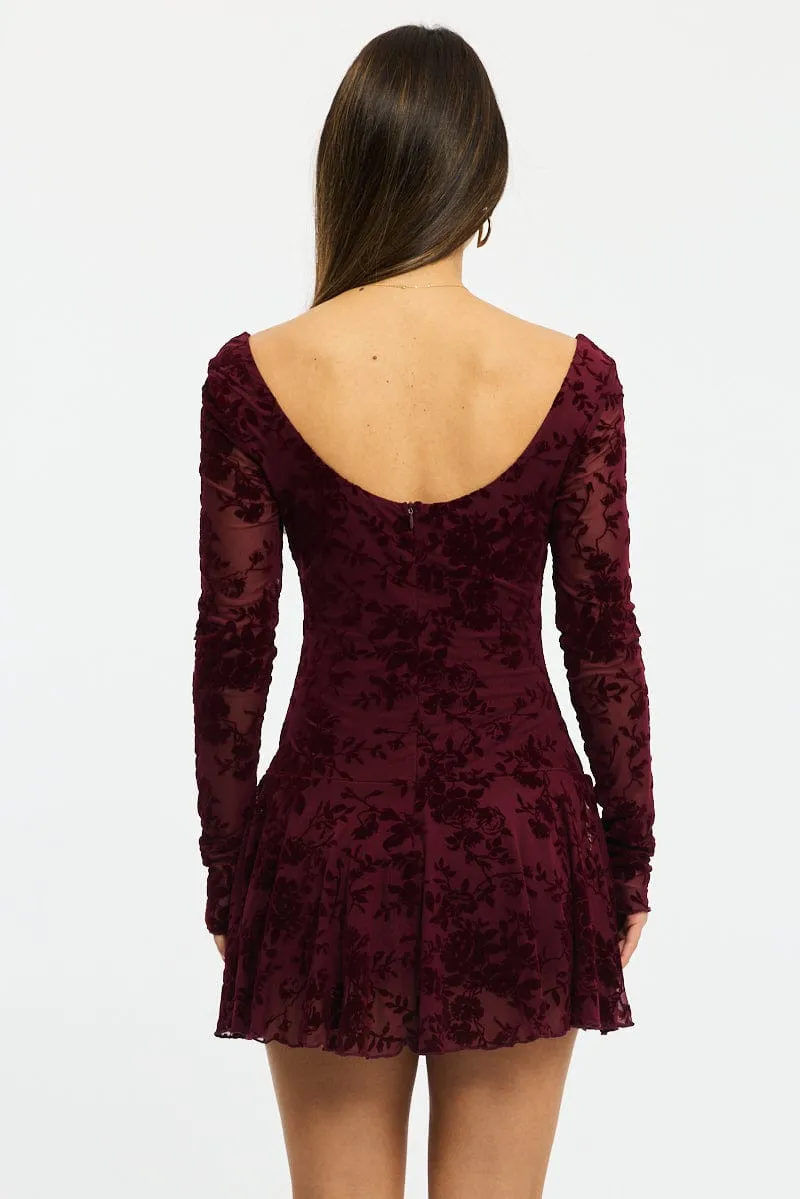 Dance Light Relaxed Cut Red Fit And Flare Dress Long Sleeve Burn Out