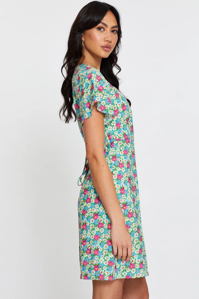 Trendy Hat AntiStatic Lining Print Fit And Flare Dress Short Sleeve V Neck