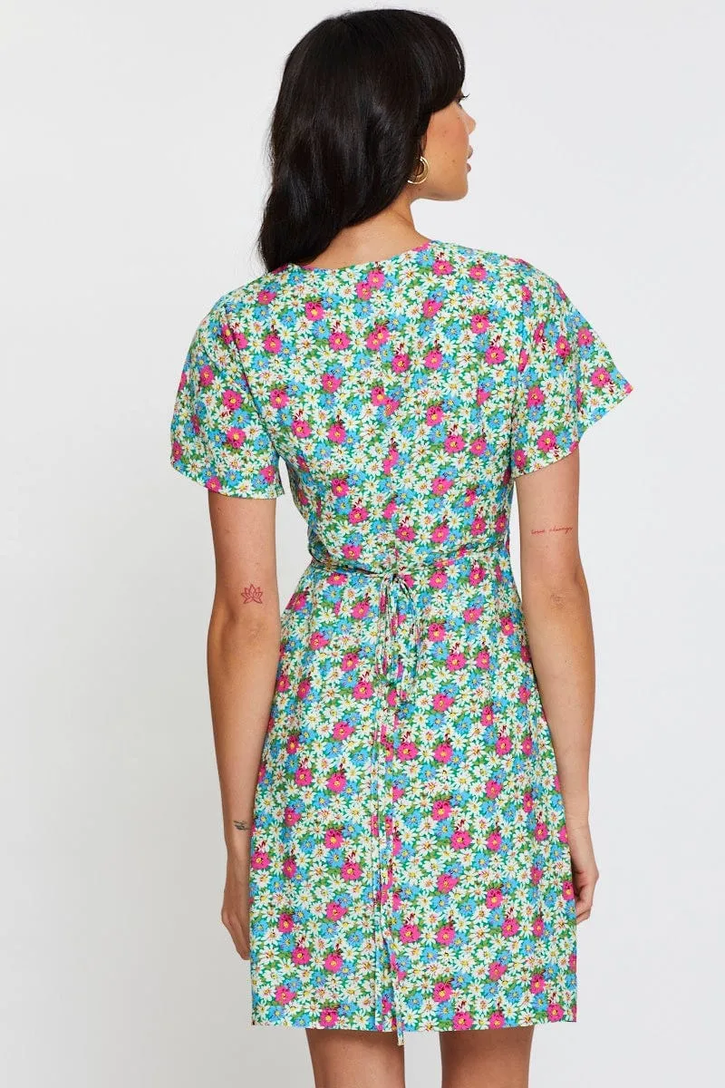 Print Fit And Flare Dress Short Sleeve V Neck Practical Leggings Training Fit