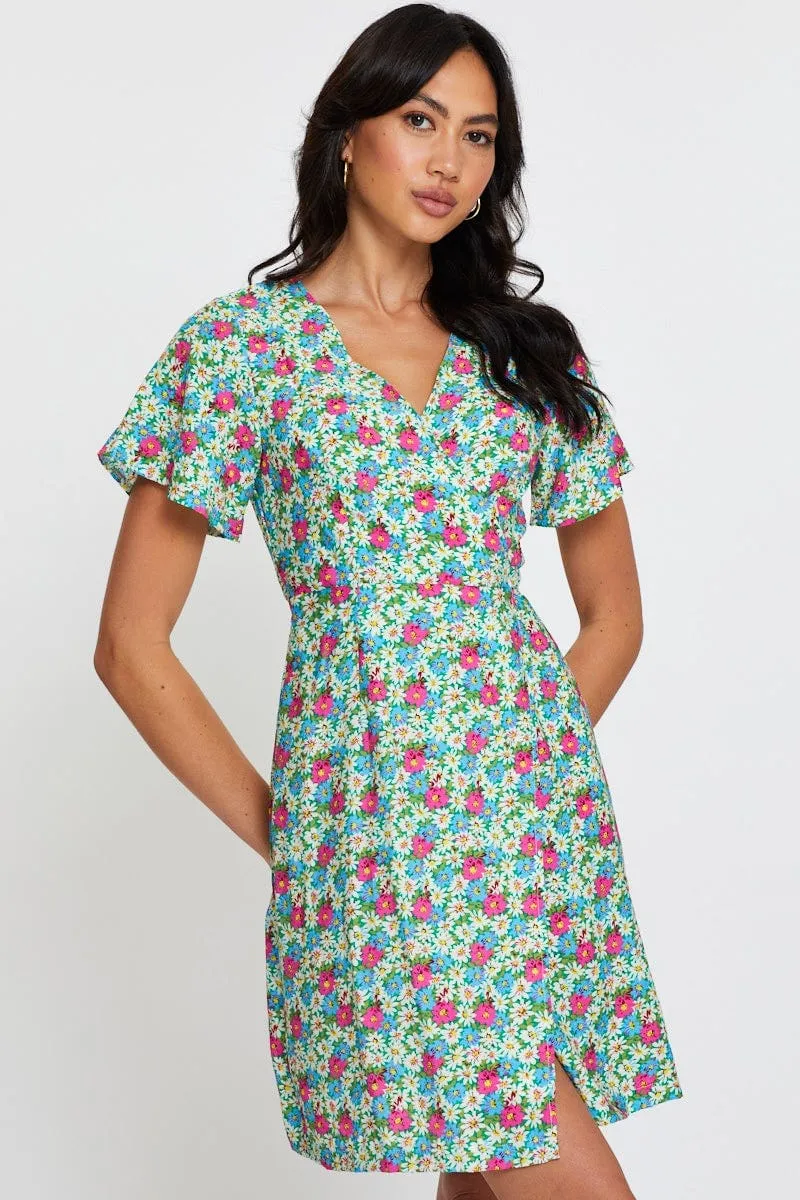 Print Fit And Flare Dress Short Sleeve V Neck Polish Core