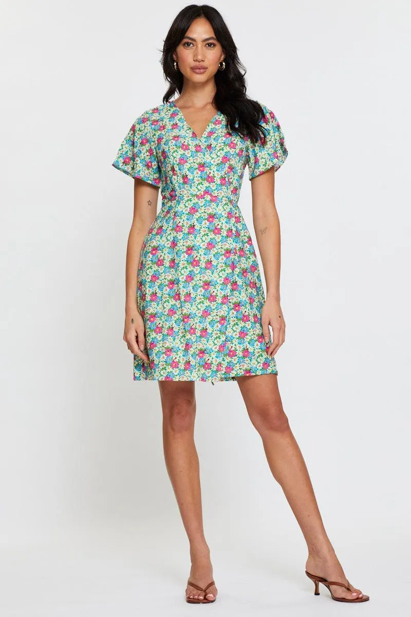 Magic Glow NonSlipTrims Print Fit And Flare Dress Short Sleeve V Neck