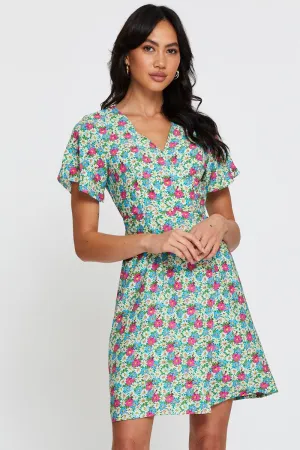 Print Fit And Flare Dress Short Sleeve V Neck Digital Glow