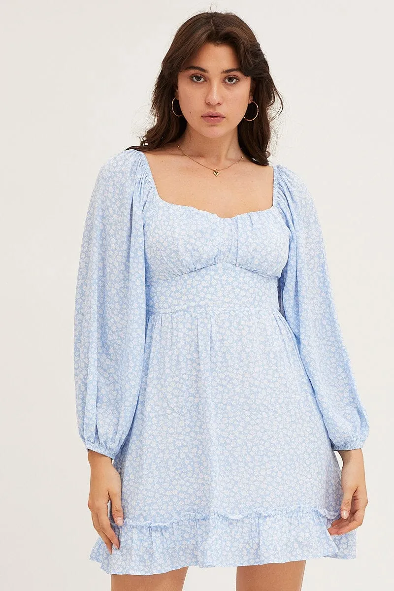 Daisy Print Long Sleeve A-Line Mini Dress Floral Fit